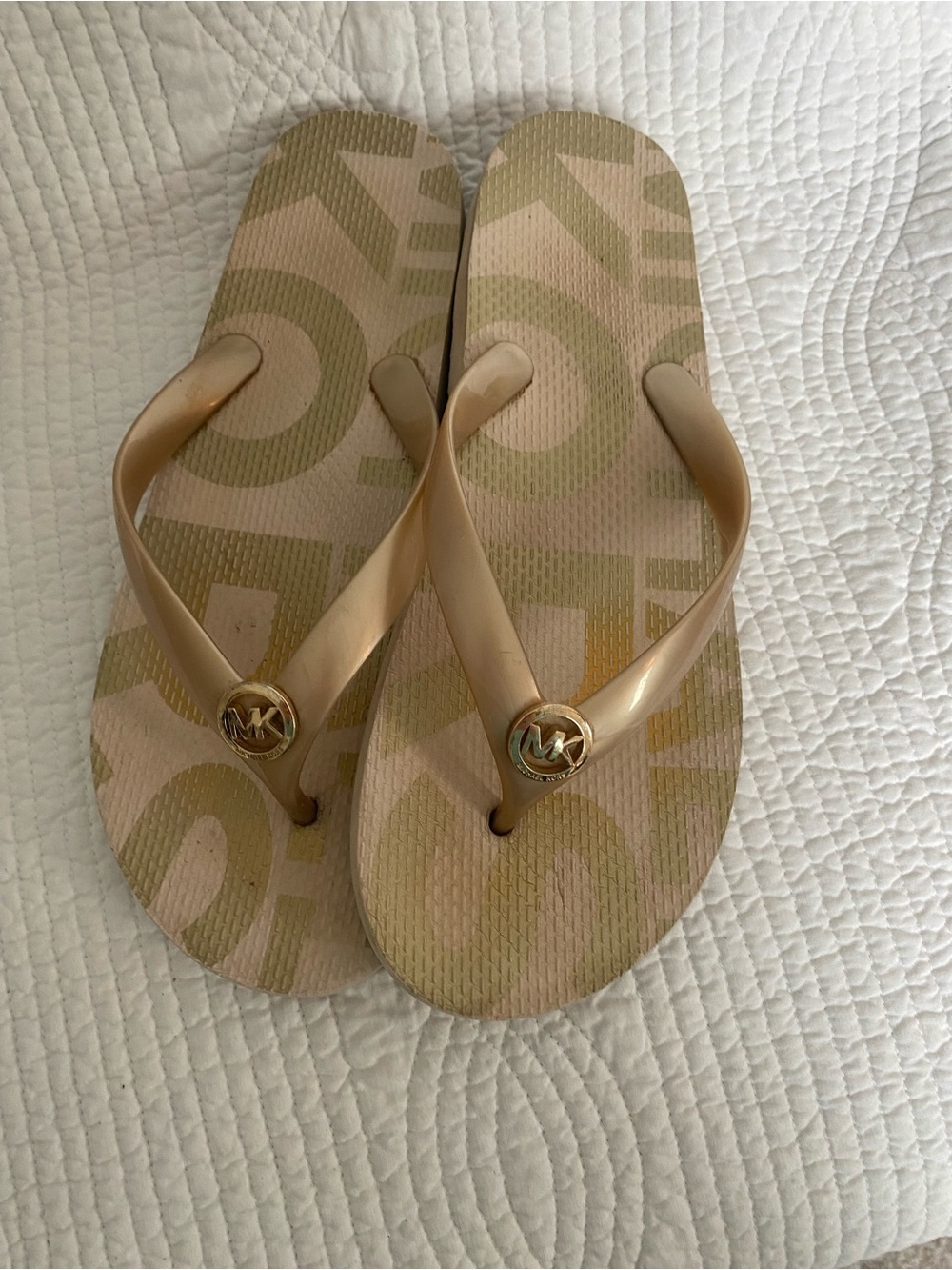 Michael Kors Metallic Gold Logo Flip Flop Sandals